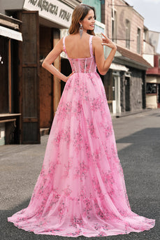 Rosa A Line Spaghettiträger Korsett Langes Ballkleid mit Bedrucktes