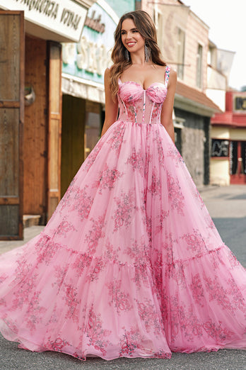 Rosa A Line Spaghettiträger Korsett Langes Ballkleid mit Bedrucktes