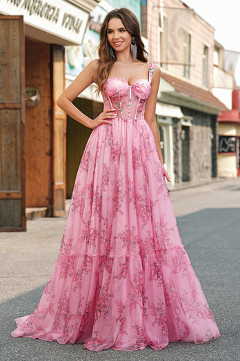 Rosa A Line Spaghettiträger Korsett Langes Ballkleid mit Bedrucktes