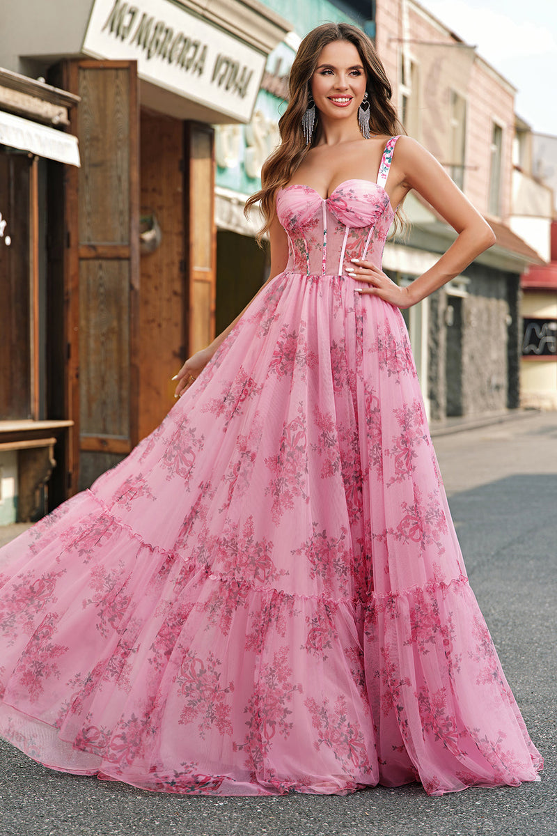 Laden Sie das Bild in den Galerie-Viewer, Rosa A Line Spaghettiträger Korsett Langes Ballkleid mit Bedrucktes