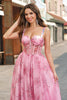 Laden Sie das Bild in den Galerie-Viewer, Rosa A Line Spaghettiträger Korsett Langes Ballkleid mit Bedrucktes