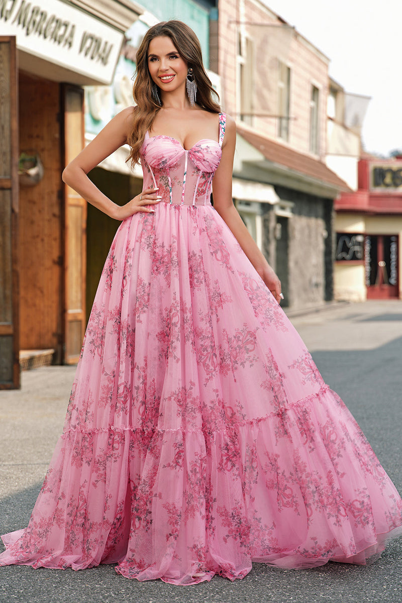 Laden Sie das Bild in den Galerie-Viewer, Rosa A Line Spaghettiträger Korsett Langes Ballkleid mit Bedrucktes
