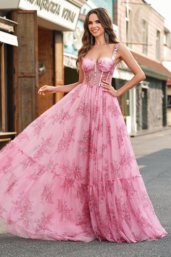 Rosa A Line Spaghettiträger Korsett Langes Ballkleid mit Bedrucktes