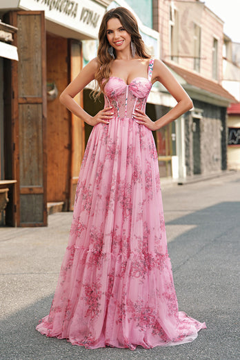 Rosa A Line Spaghettiträger Korsett Langes Ballkleid mit Bedrucktes