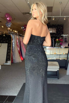 Glitzer Schwarz Perlen Trägerloses Korsett Langes Abendkleid
