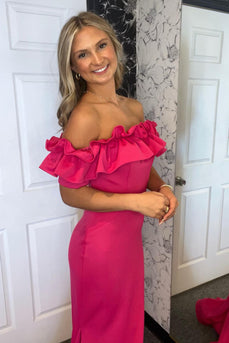 Rosa Schulterfrei Gerafft Satin Langes Abendkleid
