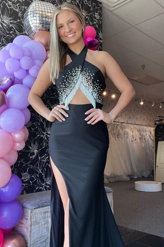 Glitzer Schwarze Neckholder Perlen Langes Abendkleid mit Fransen