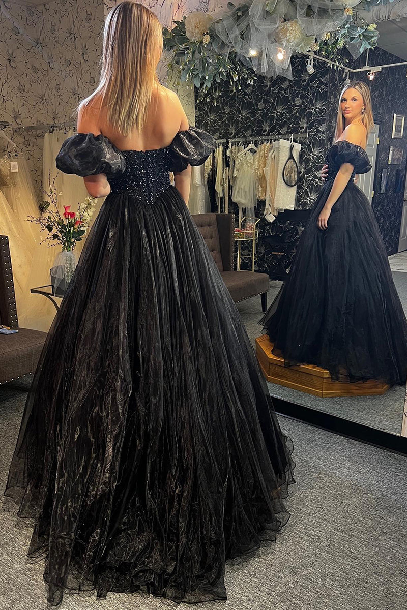 Laden Sie das Bild in den Galerie-Viewer, Glitzer Schwarzes Appliziertes Korsett Langes Abendkleid
