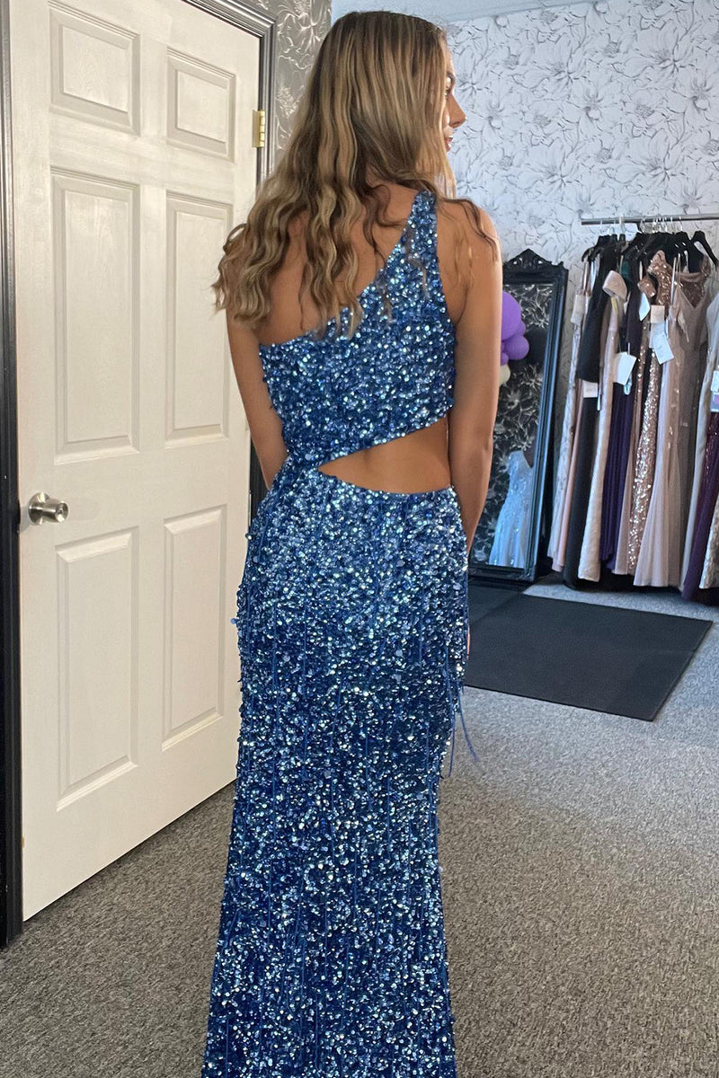 Laden Sie das Bild in den Galerie-Viewer, Glitzer Himmelblau Eine Schulter Meerjungfrau Langes Abendkleid