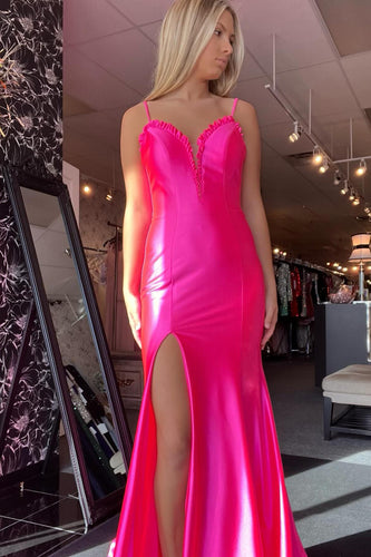 Rosa Meerjungfrau Spaghettiträger Satin Langes Abendkleid
