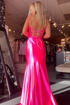 Rosa Meerjungfrau Spaghettiträger Satin Langes Abendkleid