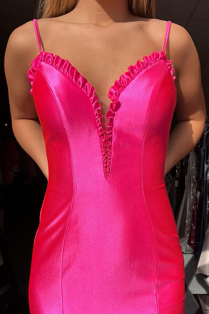 Laden Sie das Bild in den Galerie-Viewer, Rosa Meerjungfrau Spaghettiträger Satin Langes Abendkleid