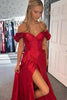 Laden Sie das Bild in den Galerie-Viewer, Rote Korsett Schulterfrei Satin Langes Abendkleid mit Schlitz