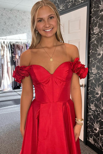 Rote Korsett Schulterfrei Satin Langes Abendkleid mit Schlitz