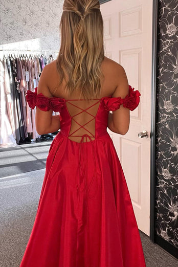 Rote Korsett Schulterfrei Satin Langes Abendkleid mit Schlitz