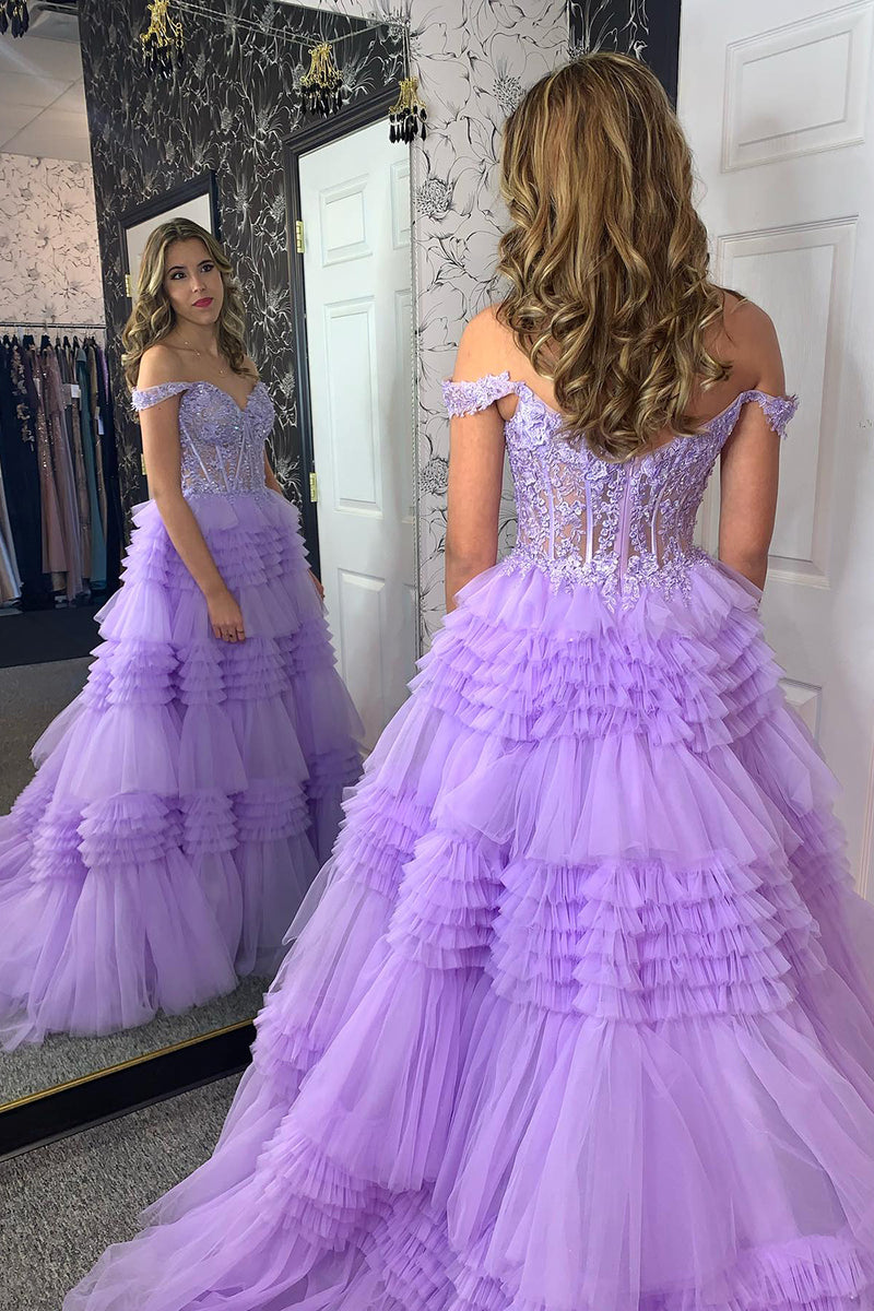 Laden Sie das Bild in den Galerie-Viewer, Lila Korsett Appliziert Gestreift Langes Abendkleid mit Spitze