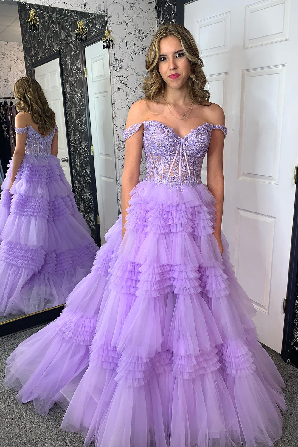 Lila Korsett Appliziert Gestreift Langes Abendkleid mit Spitze
