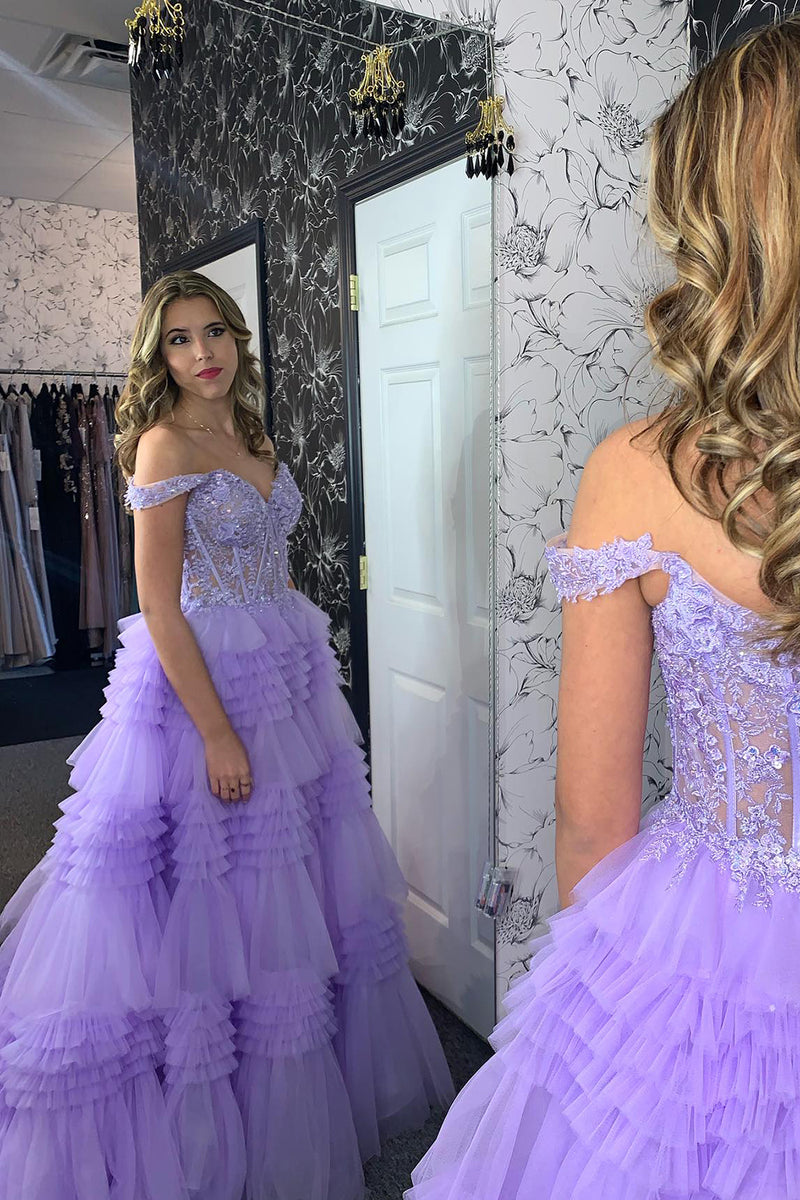 Laden Sie das Bild in den Galerie-Viewer, Lila Korsett Appliziert Gestreift Langes Abendkleid mit Spitze