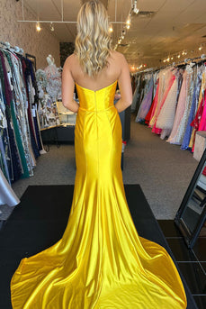 Gelbe Trägerlos Gerüscht Langes Abendkleid mit Schleife