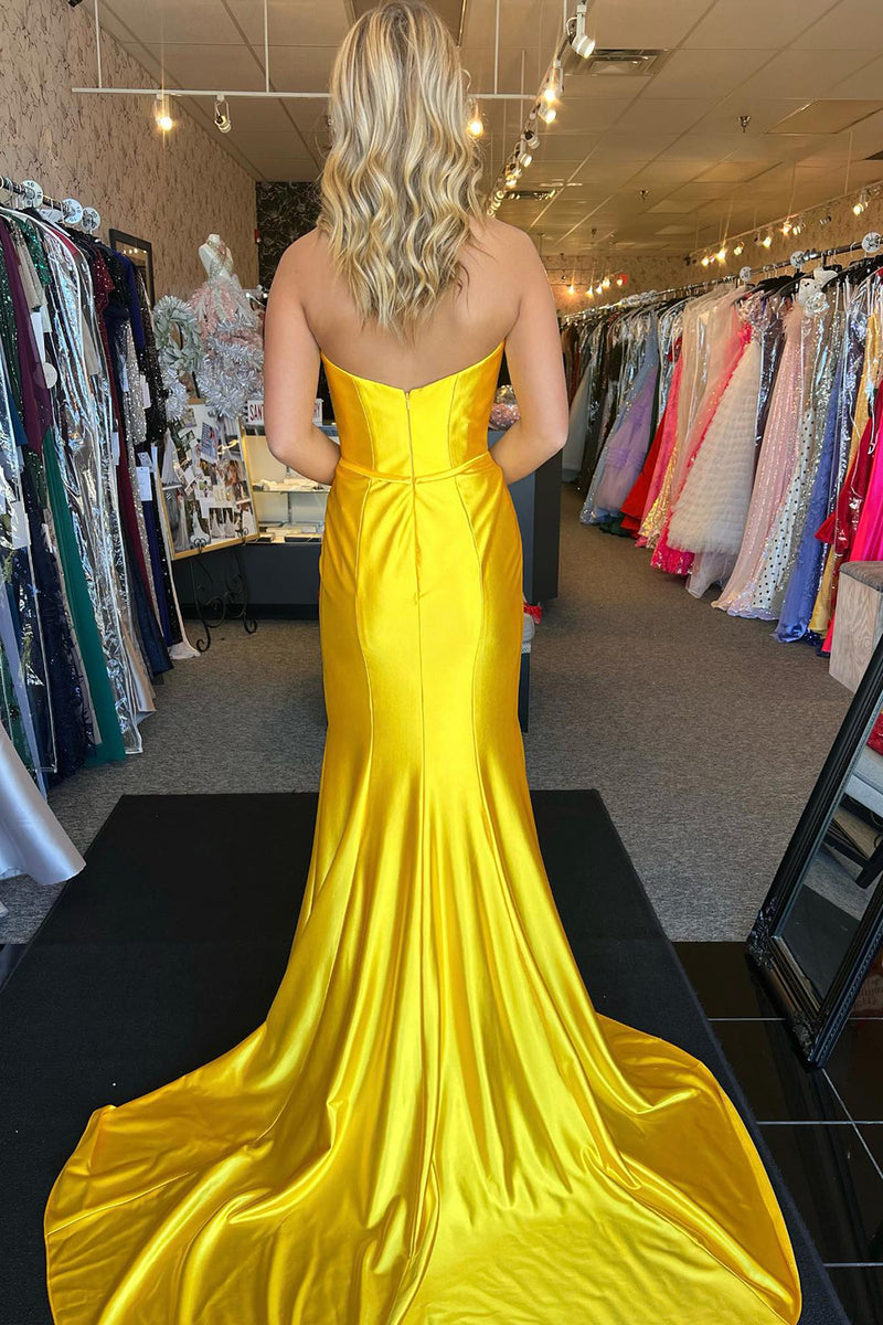 Laden Sie das Bild in den Galerie-Viewer, Gelbe Trägerlos Gerüscht Langes Abendkleid mit Schleife