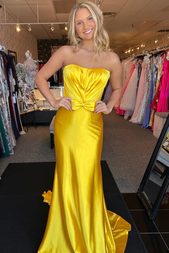 Gelbe Trägerlos Gerüscht Langes Abendkleid mit Schleife
