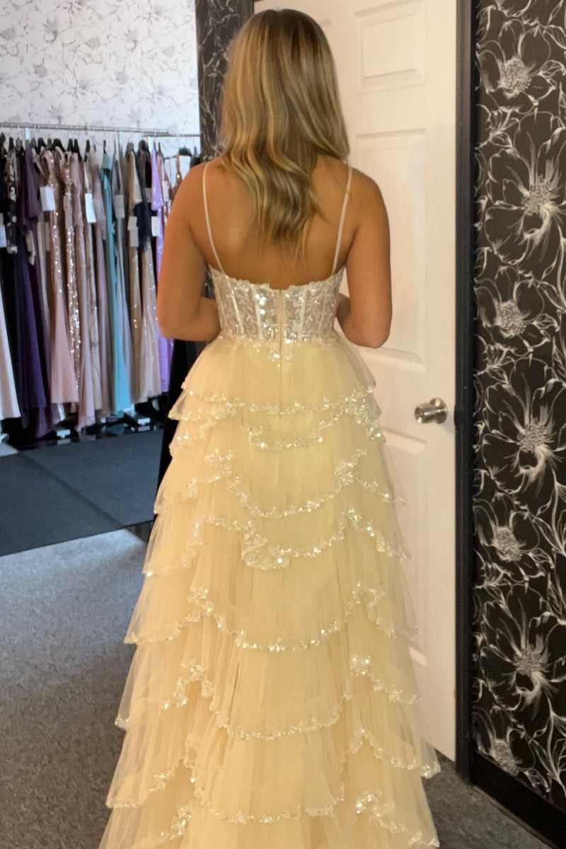 Laden Sie das Bild in den Galerie-Viewer, Glitzer Beige Korsett Spaghettiträger Gestreift Langes Abendkleid