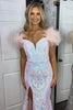 Laden Sie das Bild in den Galerie-Viewer, Glitzer Hellrosa Appliziert Langes Abendkleid mit Federn