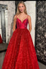 Laden Sie das Bild in den Galerie-Viewer, Glitzer Rote A-Linie Spaghettiträger Langes Pailletten Abendkleid