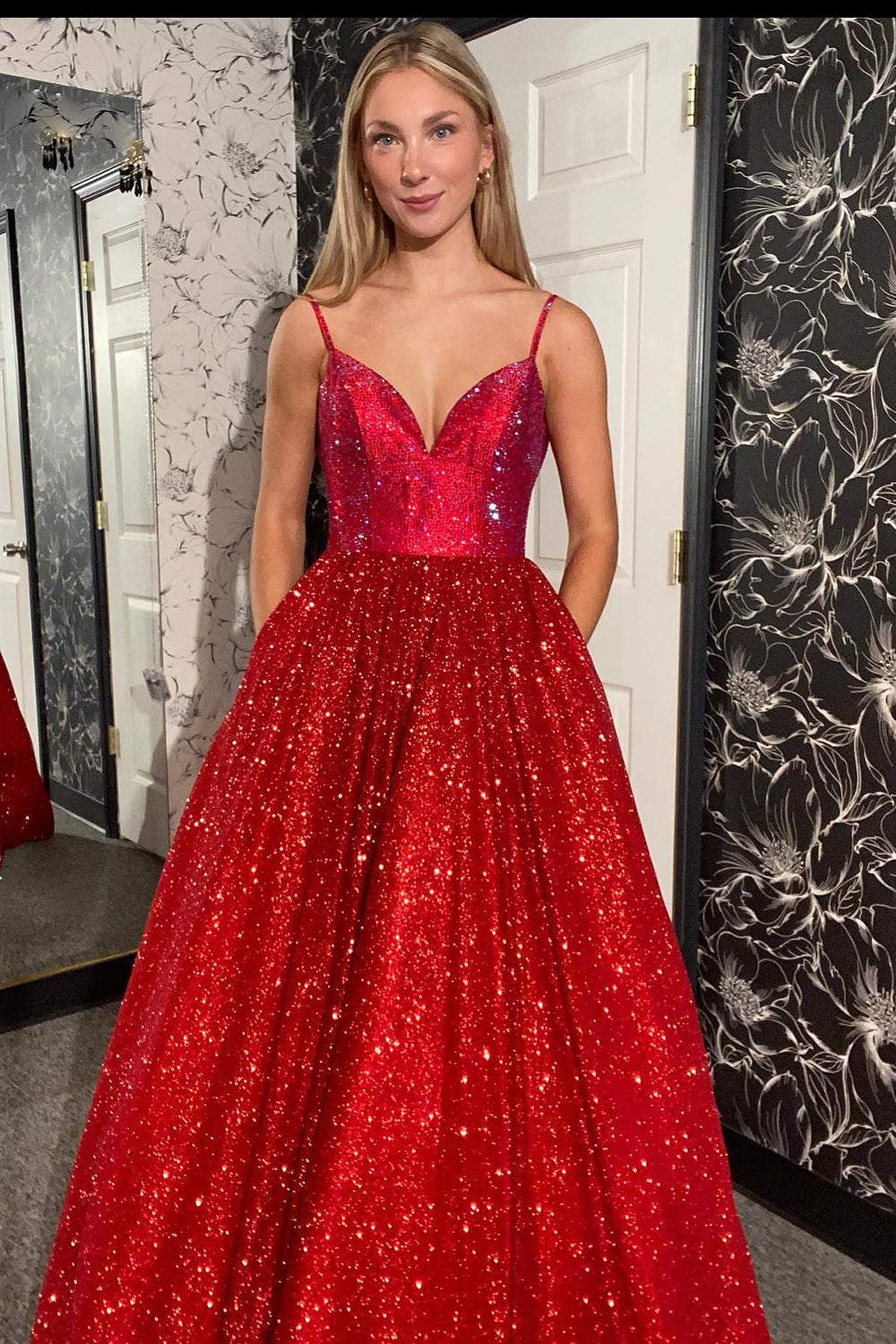 Glitzer Rote A-Linie Spaghettiträger Langes Pailletten Abendkleid