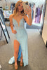 Laden Sie das Bild in den Galerie-Viewer, Glitzer Blau Korsett Appliziert Langes Abendkleid mit Schitz