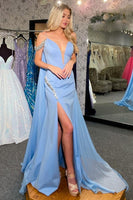 Laden Sie das Bild in den Galerie-Viewer, Glitzer Hellblau Chiffon V-Ausschnitt Langes Abendkleid mit Schlitz