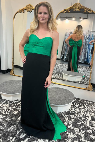 Schwarz Grün Trägerlos Langes Abendkleid mit Schleife
