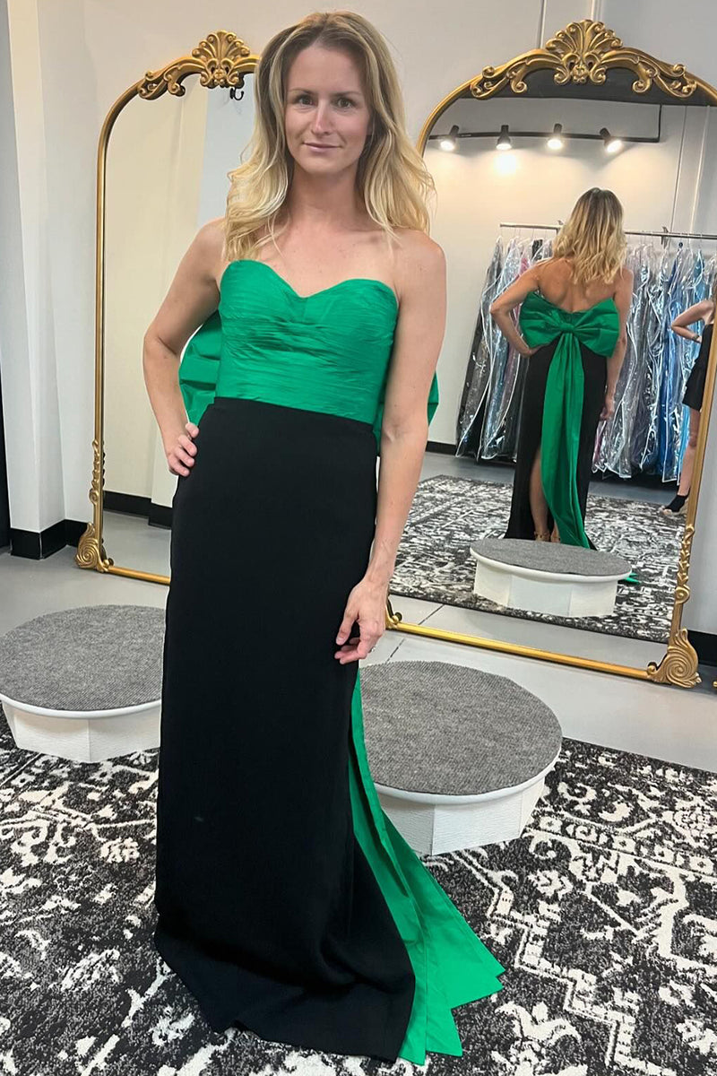 Laden Sie das Bild in den Galerie-Viewer, Schwarz Grün Trägerlos Langes Abendkleid mit Schleife
