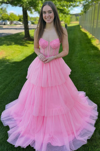 Rosa A-Linie Trägerlos Korsett Gestreift Langes Abendkleid
