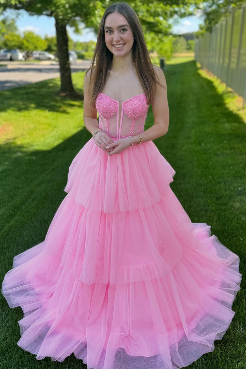 Rosa A-Linie Trägerlos Korsett Gestreift Langes Abendkleid