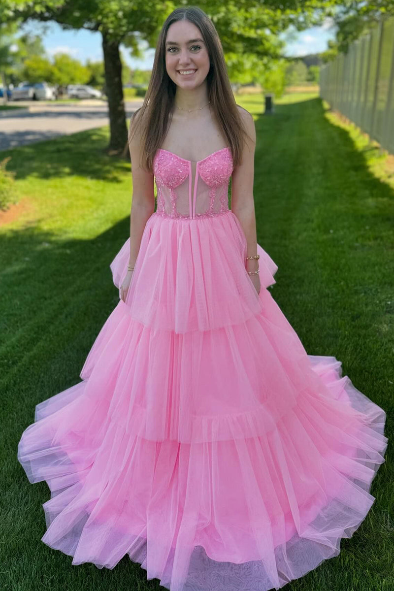 Laden Sie das Bild in den Galerie-Viewer, Rosa A-Linie Trägerlos Korsett Gestreift Langes Abendkleid