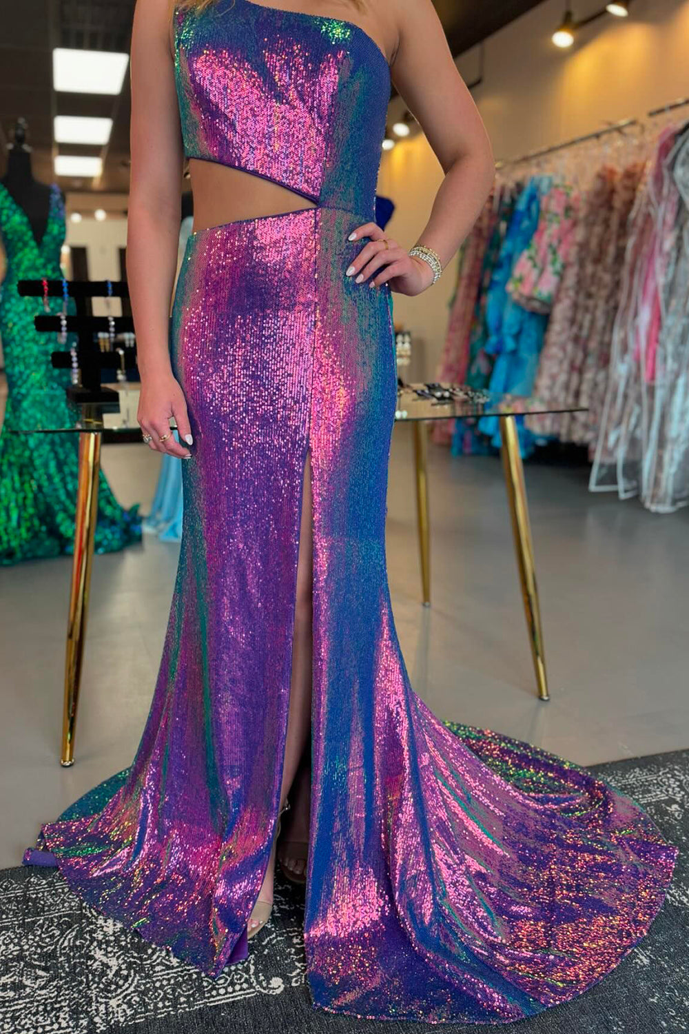 Glitzer Lila Ein Schulter Ausschnitt Langes Abendkleid