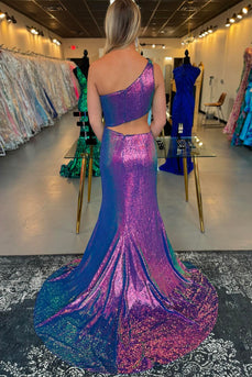 Glitzer Lila Ein Schulter Ausschnitt Langes Abendkleid