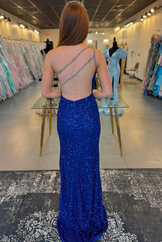 Glitzer Königsblau Ein Schulter Langes Abendkleid mit Perlen