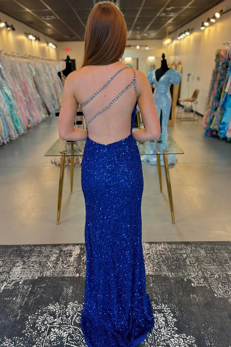 Laden Sie das Bild in den Galerie-Viewer, Glitzer Königsblau Ein Schulter Langes Abendkleid mit Perlen