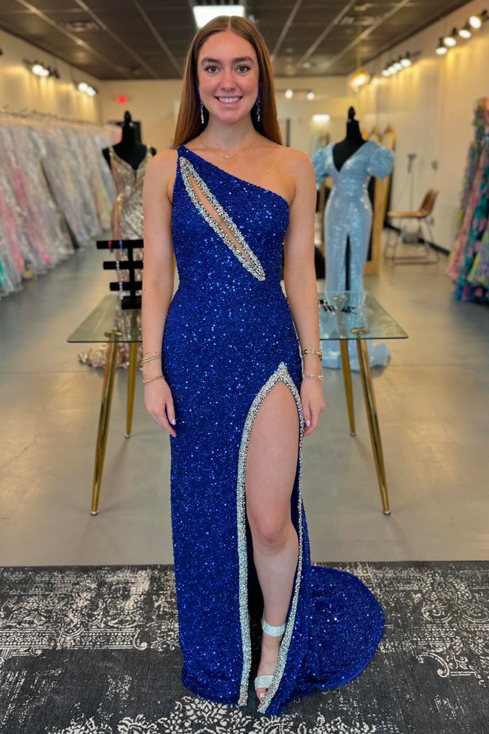 Glitzer Königsblau Ein Schulter Langes Abendkleid mit Perlen