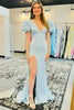 Laden Sie das Bild in den Galerie-Viewer, Glitzer Blau V-Nevk Puffärmel Langes Abendkleid mit Schlitz