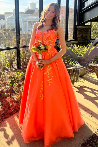 Glitzer Orange A-Linie Korsett Langes Abendkleid mit Applikationen