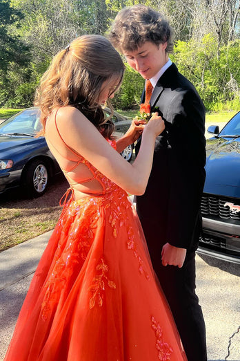 Glitzer Orange A-Linie Korsett Langes Abendkleid mit Applikationen