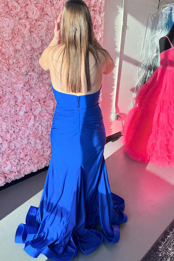 Königsblau Meerjungfrau Neckholder Langes Abendkleid