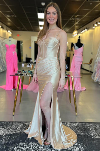 Champagner Korsett Spaghettiträger Gerüscht Langes Abendkleid