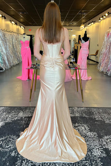 Champagner Korsett Spaghettiträger Gerüscht Langes Abendkleid