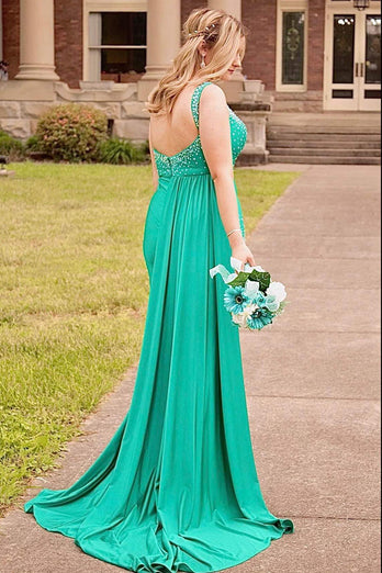 Glitzer Grüne Spaghettiträger Langes Abendkleid mit Schlitz