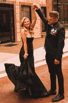 Glitzer Schwarz Trägerlos Langes Abendkleid mit Perlen