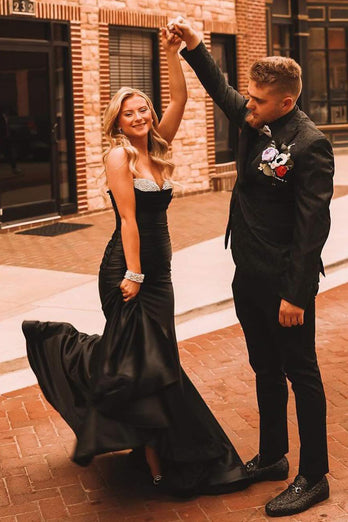 Glitzer Schwarz Trägerlos Langes Abendkleid mit Perlen